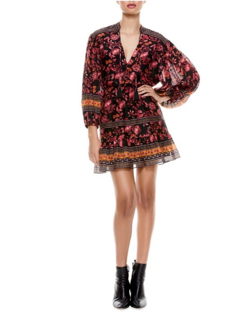 Alice + Olivia Black Floral V-Neck Mini Dress with Pink and Orange Accents